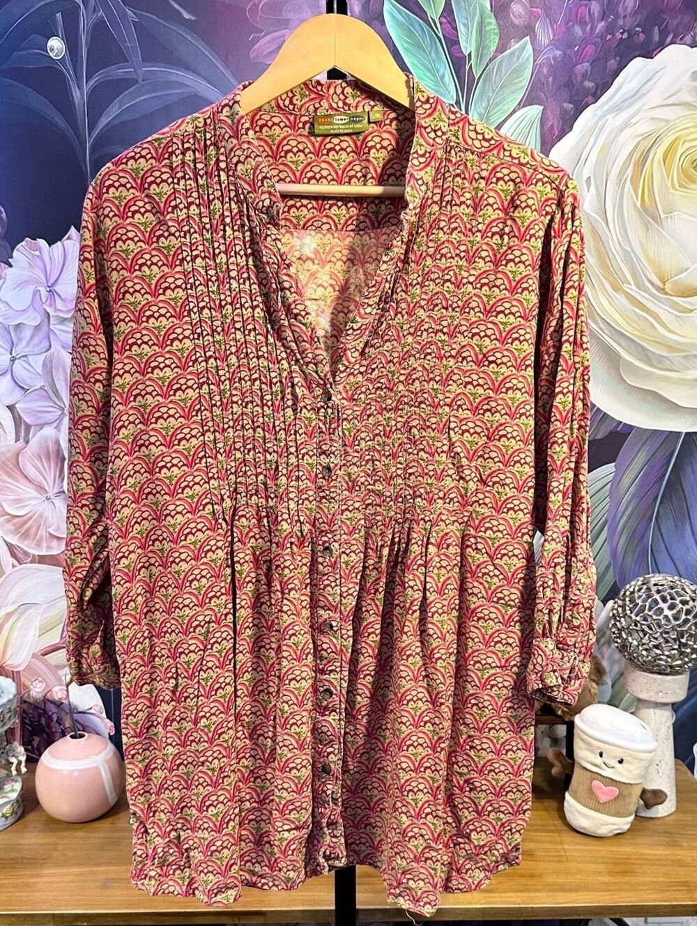 rock flower paper L/XL Blouse Boho Floral Pleated 3/4 Sleeve Cotton Blend